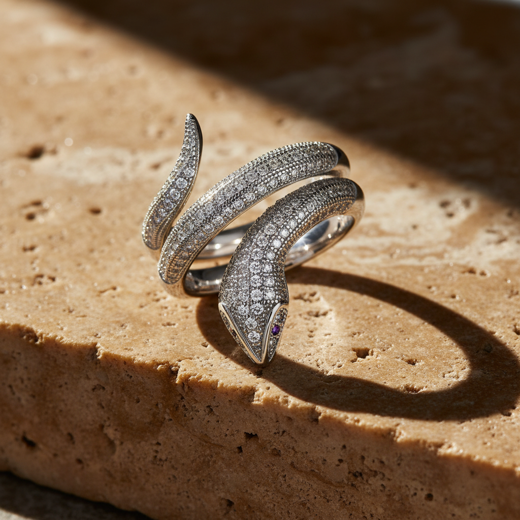 Sterling Silver Wrap Around Snake Ring for Women – Simulated Diamond CZ Rhodium Plated