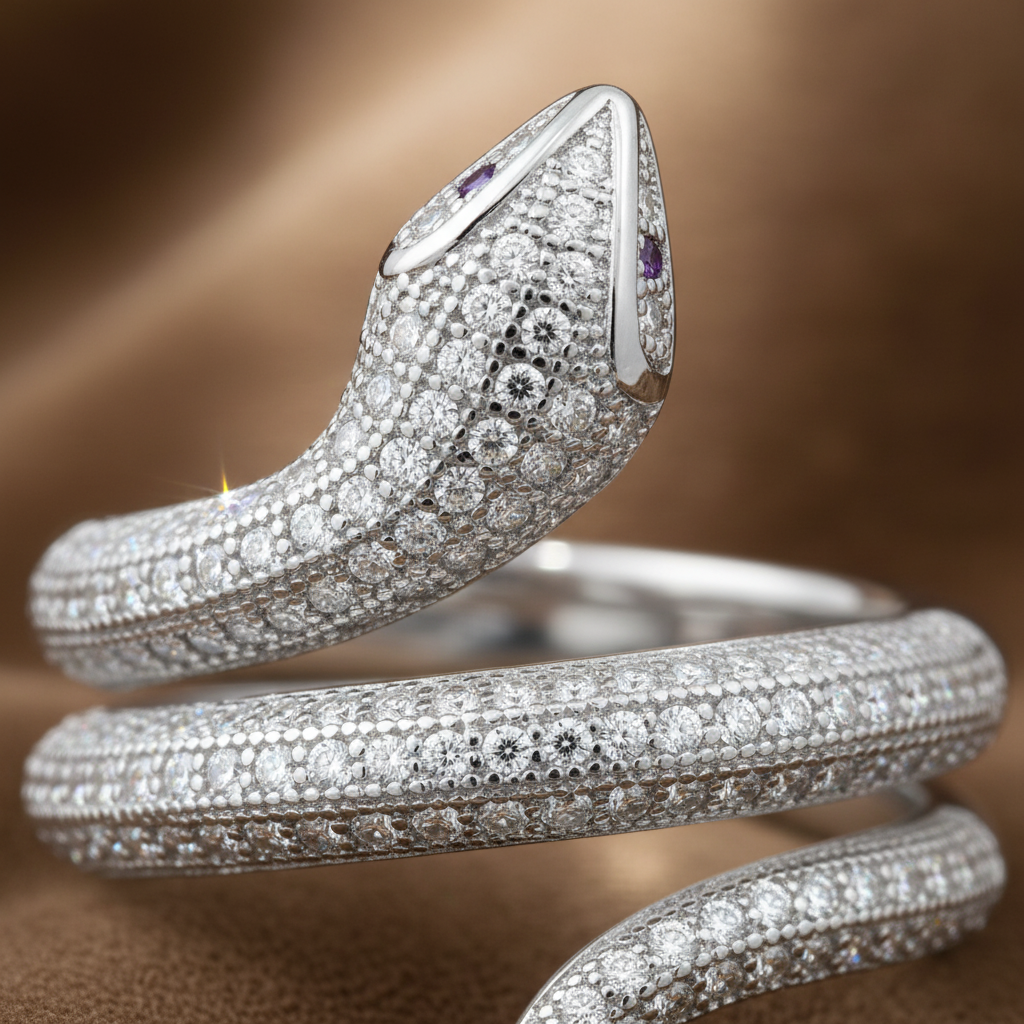 Sterling Silver Wrap Around Snake Ring for Women – Simulated Diamond CZ Rhodium Plated