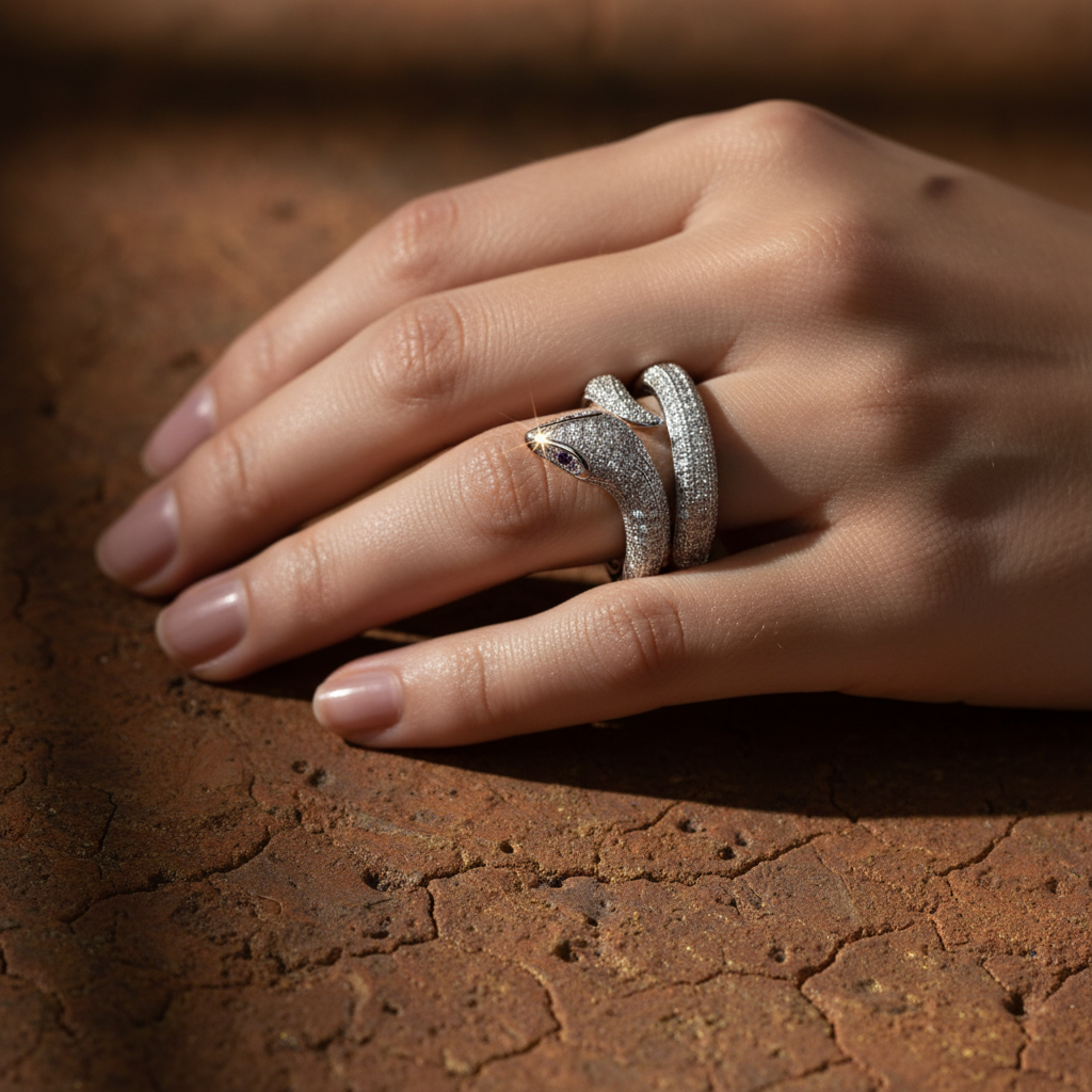 Sterling Silver Wrap Around Snake Ring for Women – Simulated Diamond CZ Rhodium Plated