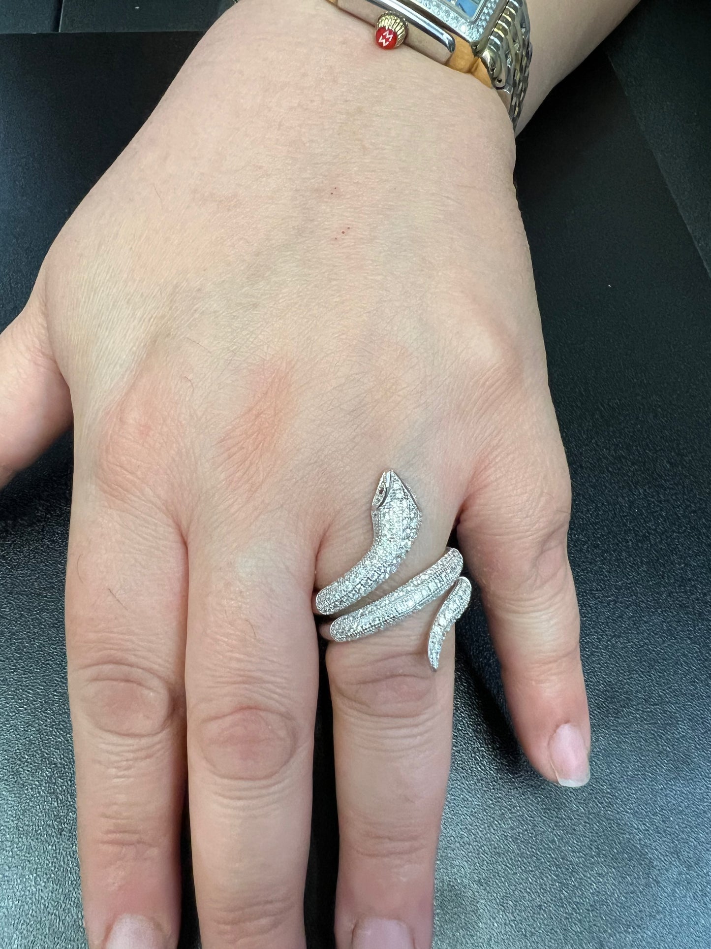 Rhodium-Plated Sterling Wrap Around Snake Ring for Women – Simulated Diamond CZ