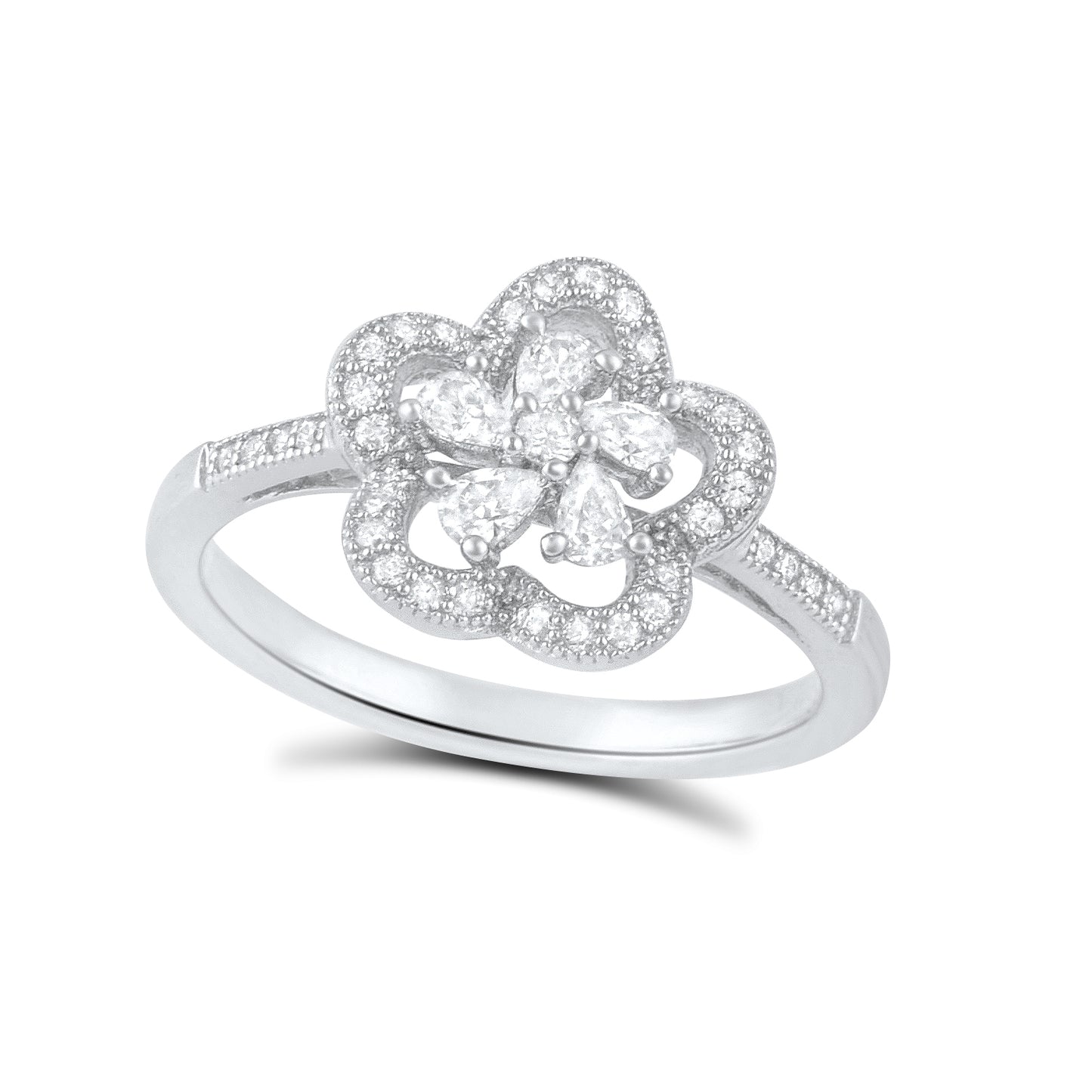 Sterling Silver CZ Abstract Halo Flower Ring | SilverCloseOut