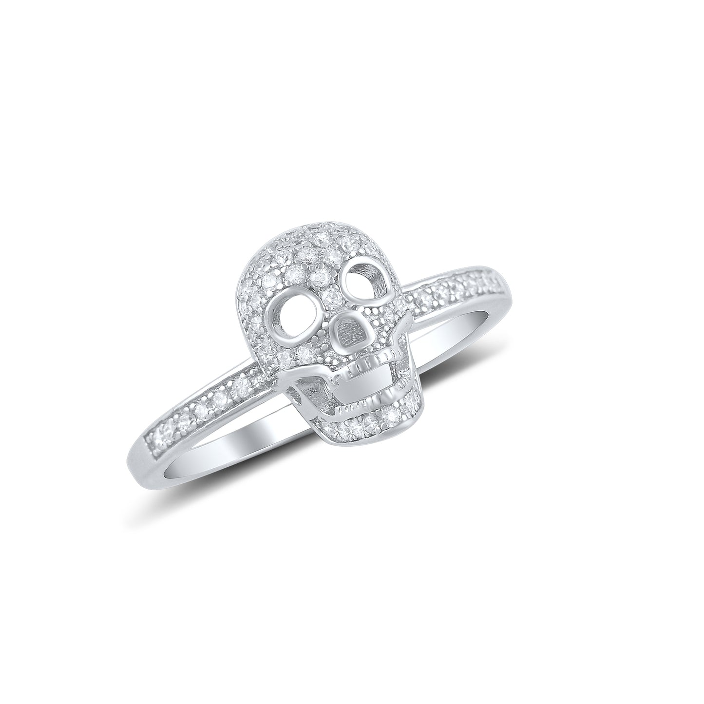 White Gold Dipped Sterling Silver Women’s Skull Ring – Moissanite Pavé Design