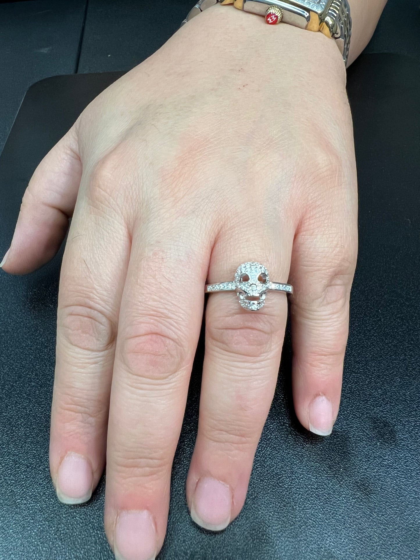 White Gold Dipped Sterling Silver Women’s Skull Ring – Moissanite Pavé Design