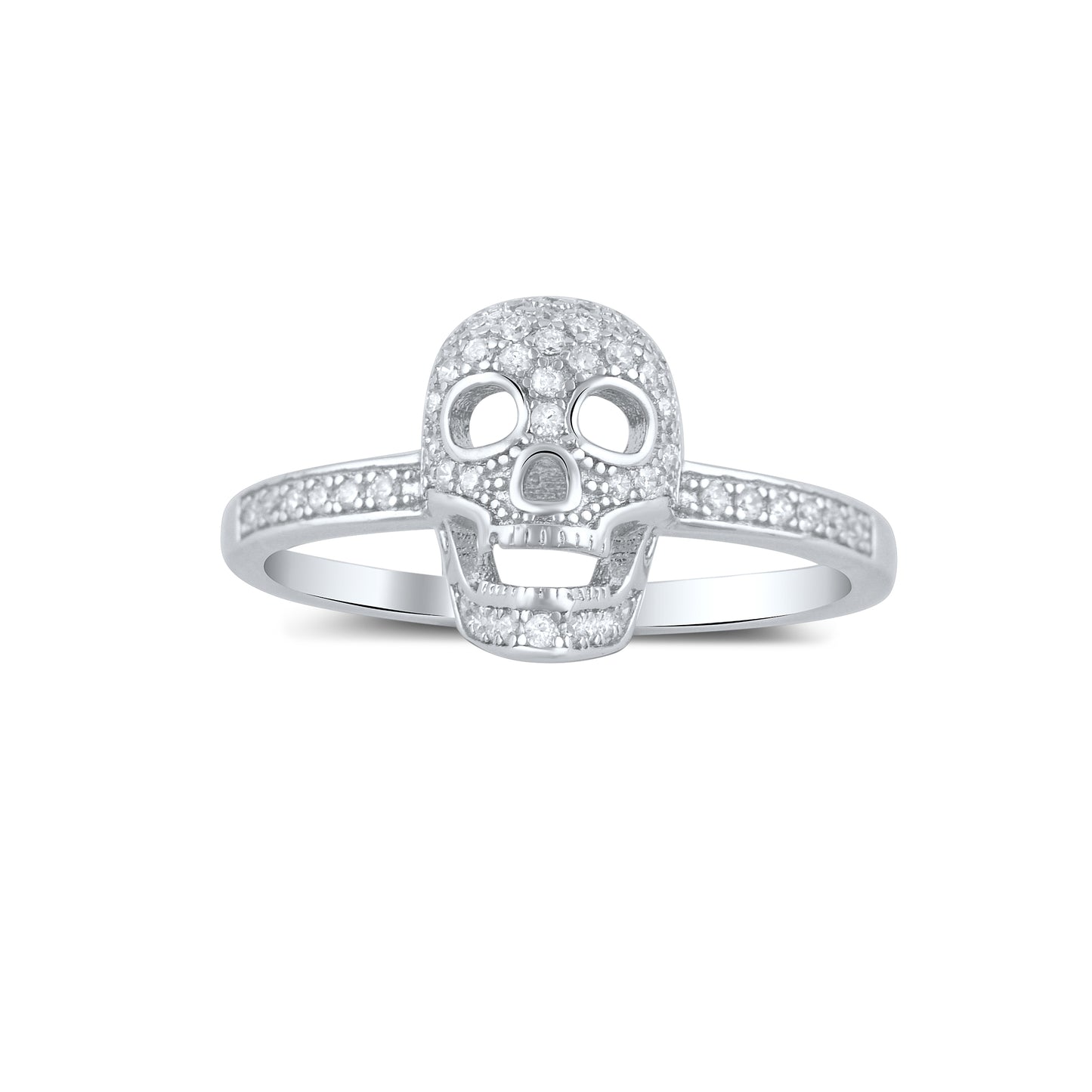 White Gold Dipped Sterling Silver Women’s Skull Ring – Moissanite Pavé Design