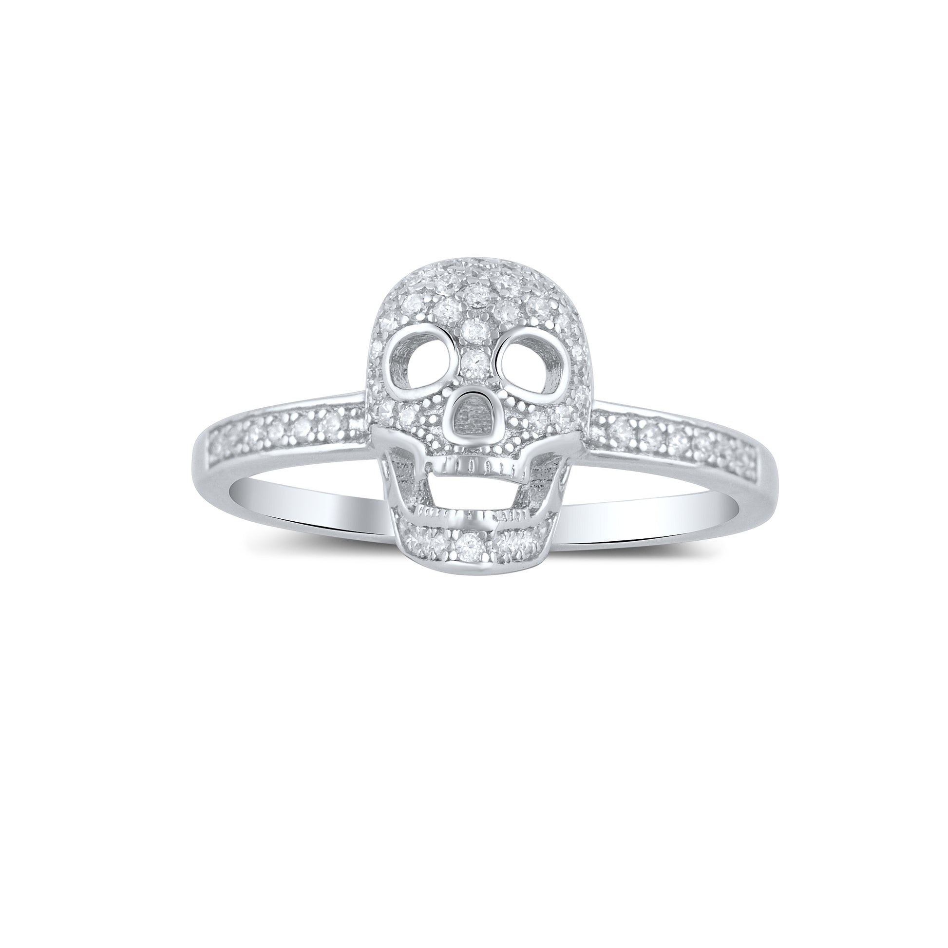White Gold Dipped Sterling Silver Women’s Skull Ring – Moissanite Pavé Design