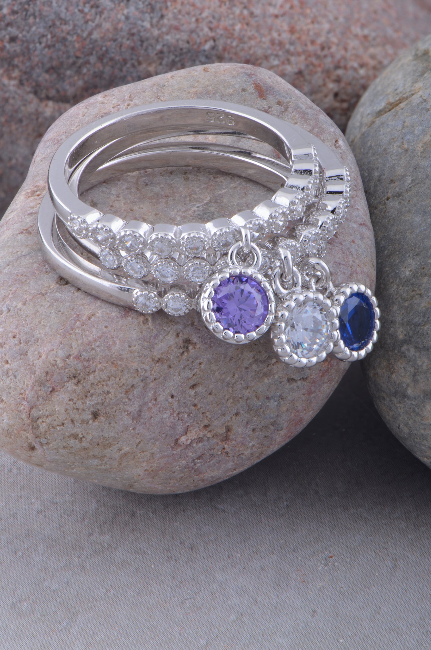 White Gold Over Sterling Silver Womens Thin Stackable Dangling Charm Cz Ring