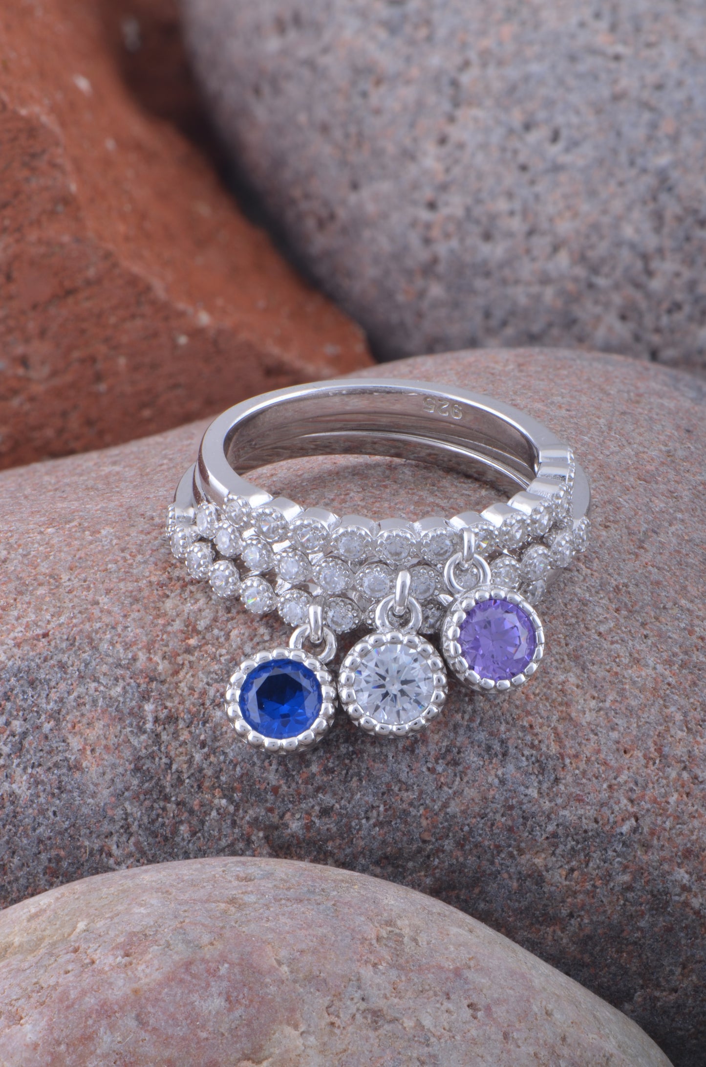 White Gold Over Sterling Silver Womens Thin Stackable Dangling Charm Cz Ring