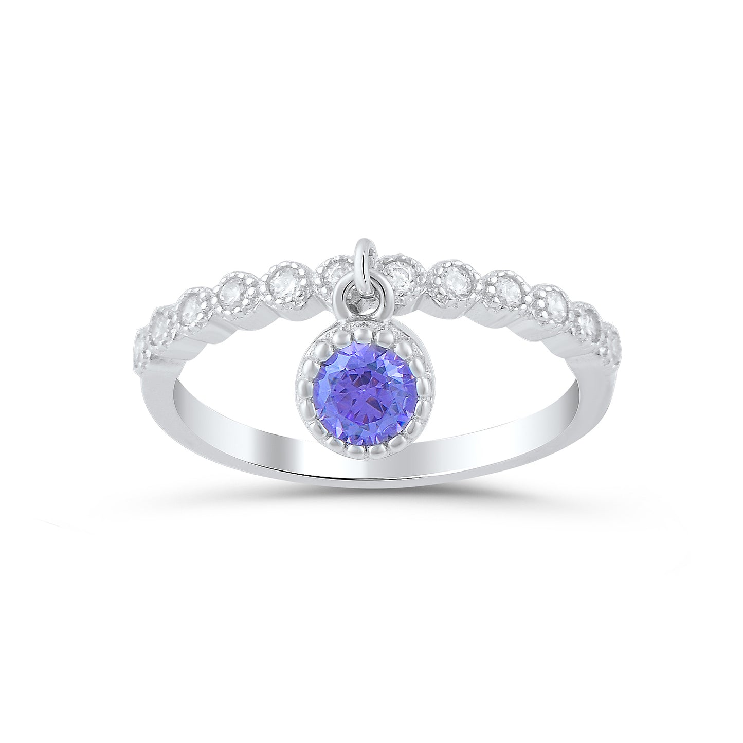 White Gold over Sterling Silver Women's Thin Stackable Dangling Charm CZ Ring