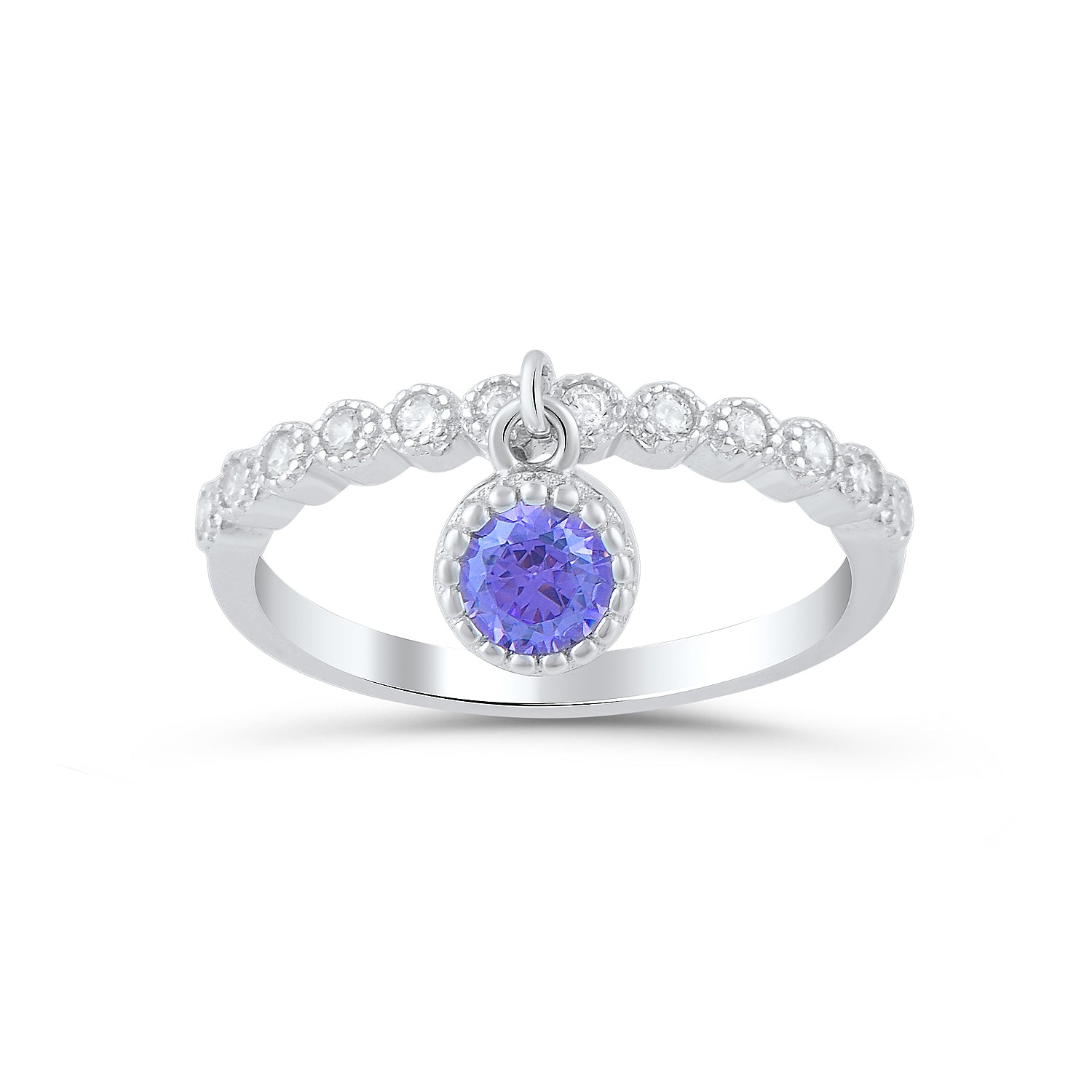 White Gold over Sterling Silver Women's Thin Stackable Dangling Charm CZ Ring