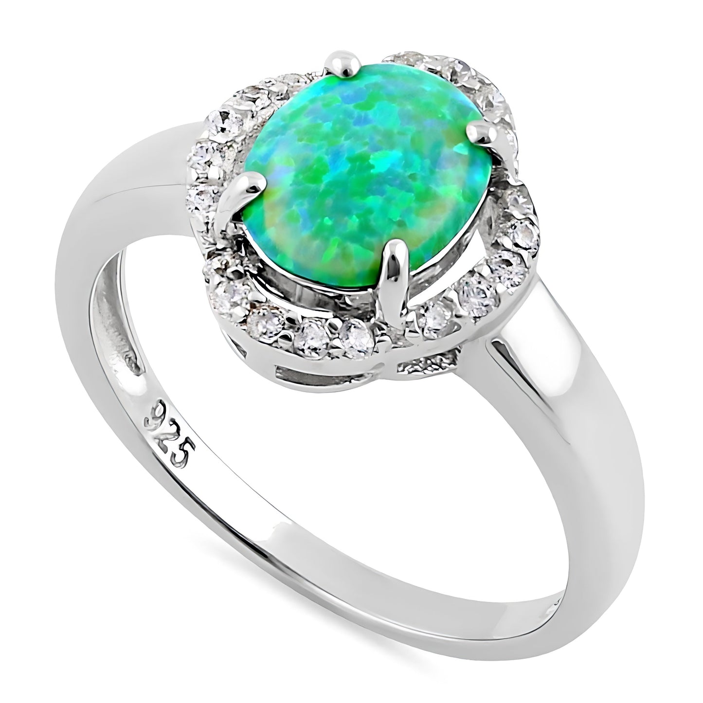 Sterling Silver Green Lab-Opal Oval Halo CZ Ring