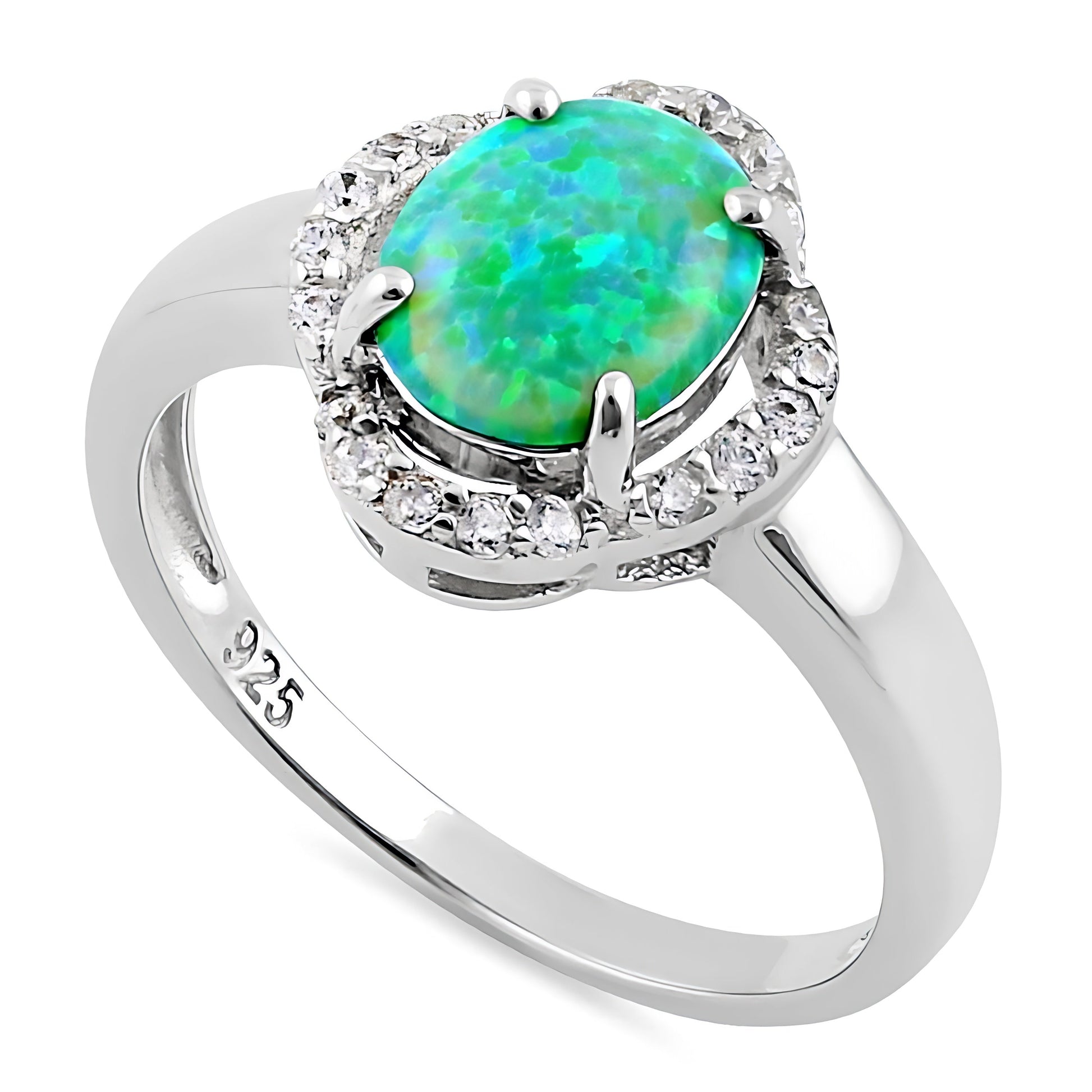 Sterling Silver Green Lab-Opal Oval Halo CZ Ring