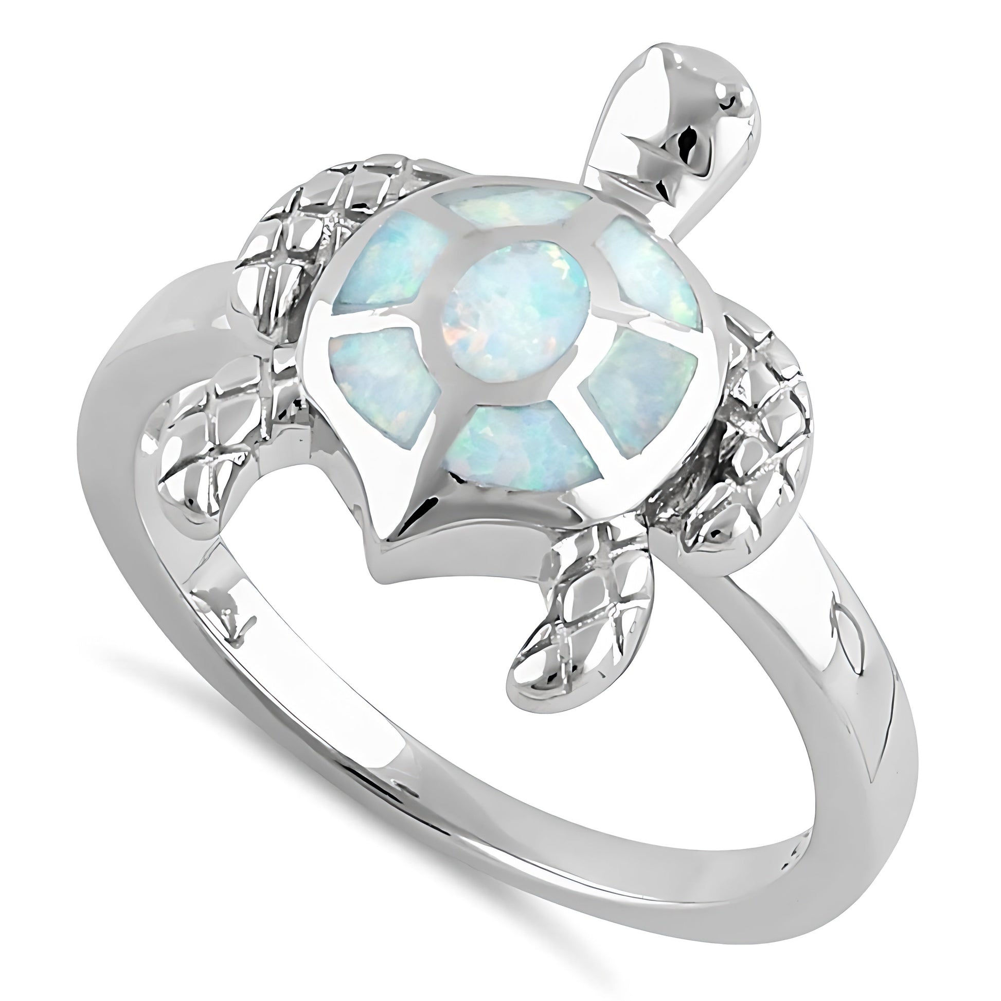 Sterling Silver Turtle White Lab Opal Ring