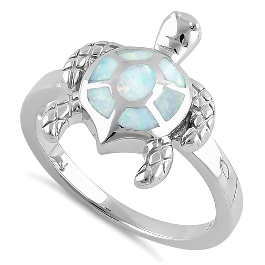 Sterling Silver Turtle White Lab Opal Ring