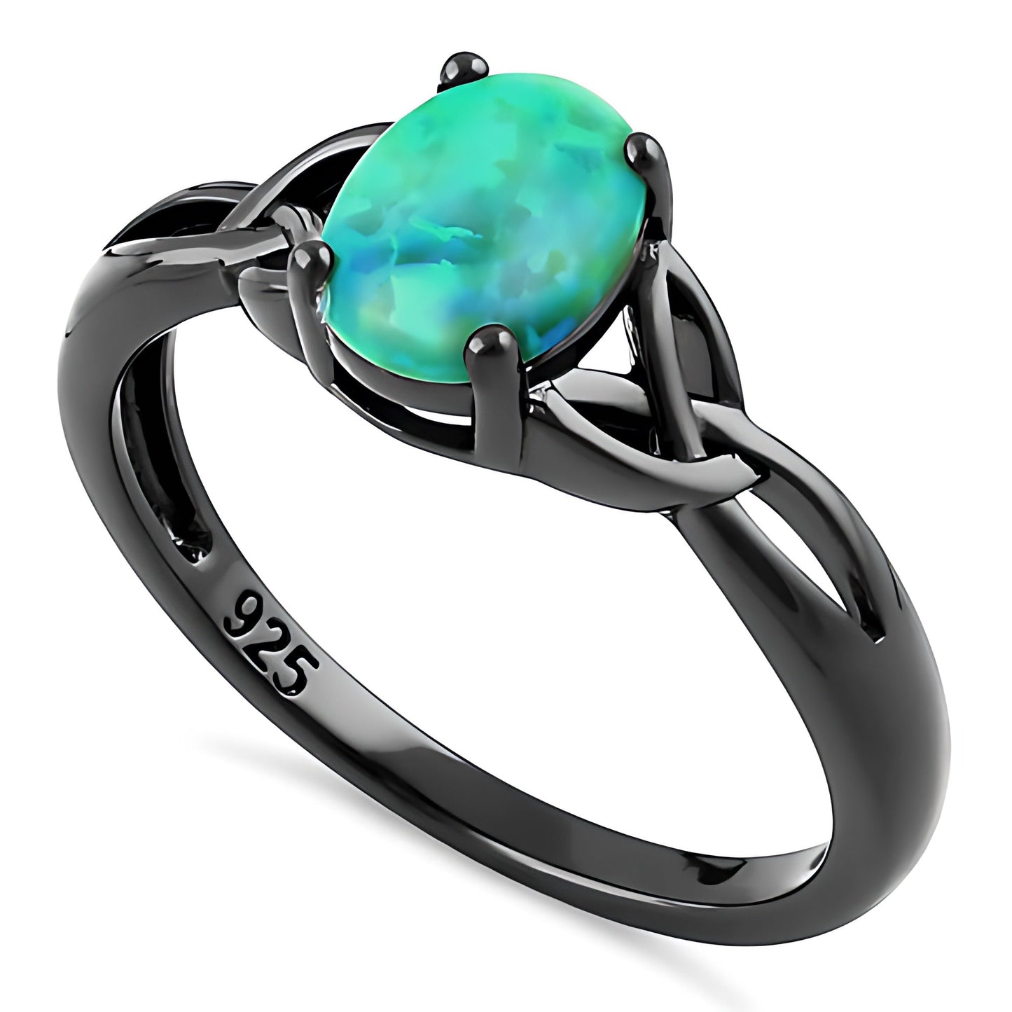 Sterling Silver Black Rhodium Plated Center Stone Charmed Aqua Green Lab Opal Ring