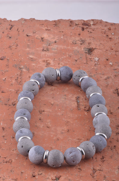 Unisex Stretchy Stainless Steel & Tungsten Gray Druzy Stone Bracelet - 7 inch