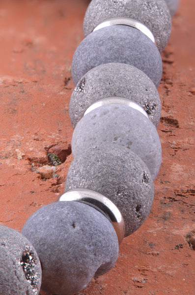Unisex Stretchy Stainless Steel & Tungsten Gray Druzy Stone Bracelet - 7 inch