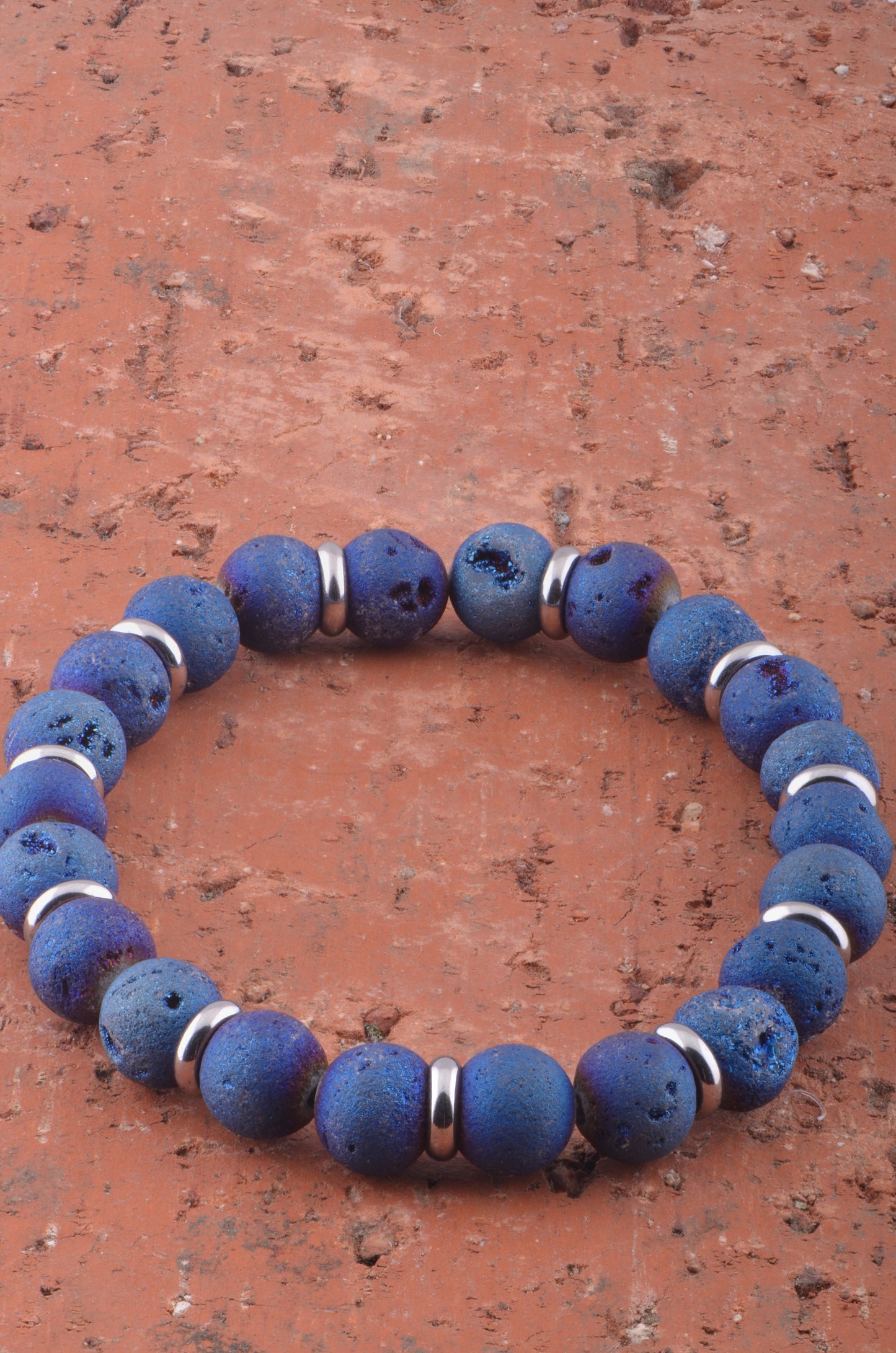 Unisex Stretchy Stainless Steel Bracelet with Blue Mystic Druzy Stone - 7 Inches