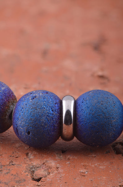 Unisex Stretchy Stainless Steel Bracelet with Blue Mystic Druzy Stone - 7 Inches