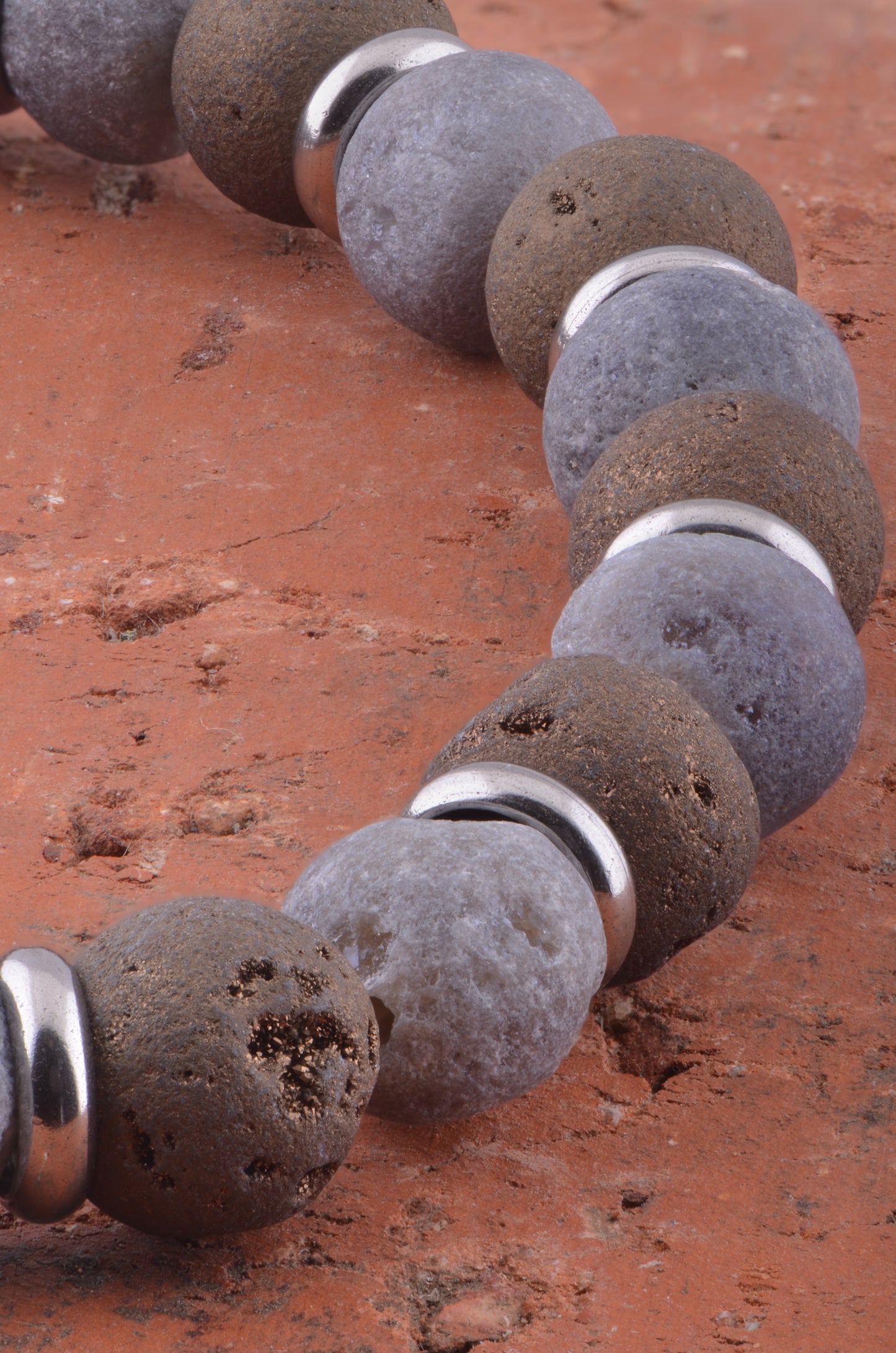 7-Inch Stretchy Stainless Steel Bracelet with Silver & Champagne Druzy Stone