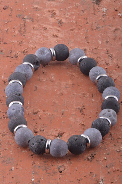 Unisex Stretchy Stainless Steel Bracelet with Volcanic Carbon Gray Druzy Stone - 7 Inches