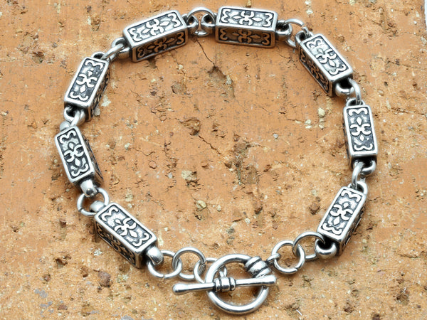 Stainless Steel Rectangular Fleur De Lis Link Chain Bracelet - 8.5 Inch Length