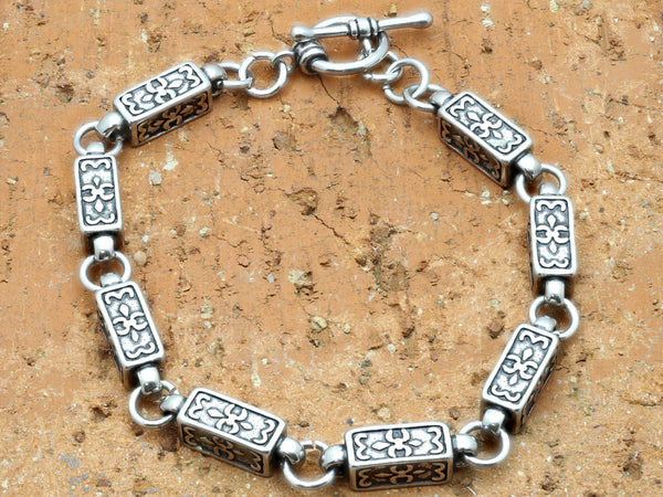 Stainless Steel Rectangular Fleur De Lis Link Chain Bracelet - 8.5 Inch Length