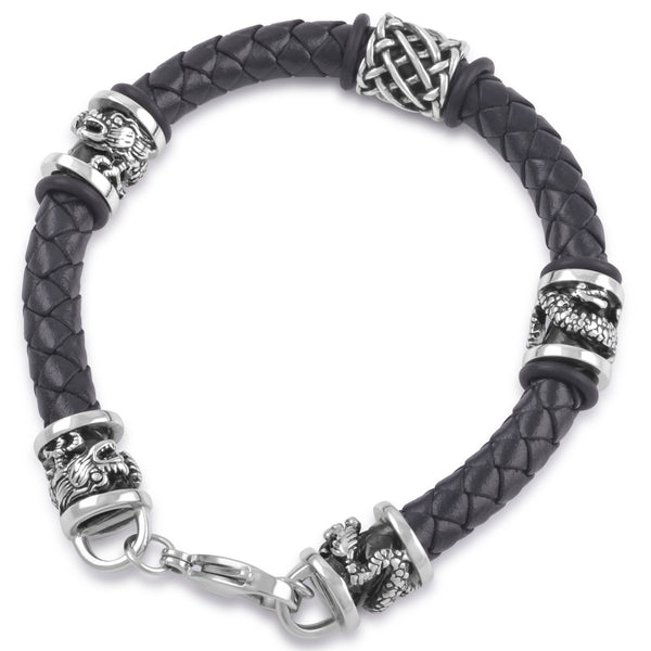 Stainless Steel Braided Black Leather Dragon Bracelet - 8 Inches