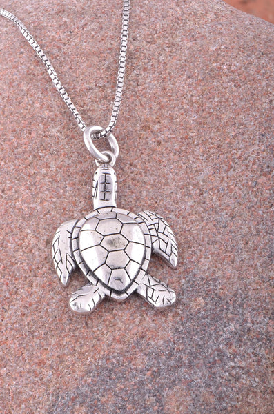 Rhodium Plated Sterling Silver Unisex Kemps Sea Turtle Necklace