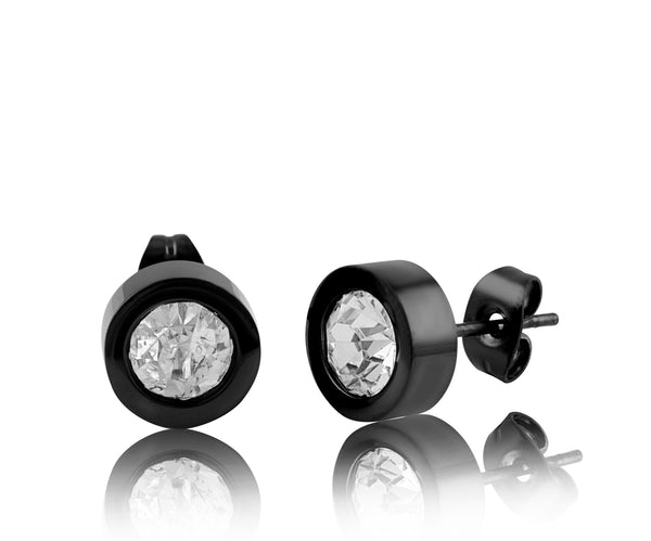 Thick Round Black Steel Unisex Cz Stud Earrings - 6MM