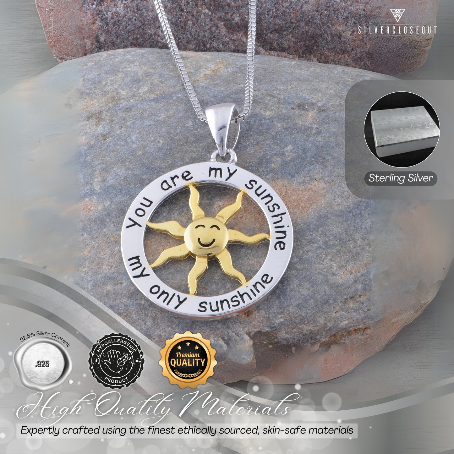 Sterling Silver Two Tone You are my Sunshine my Only Sunshine Necklace 18"