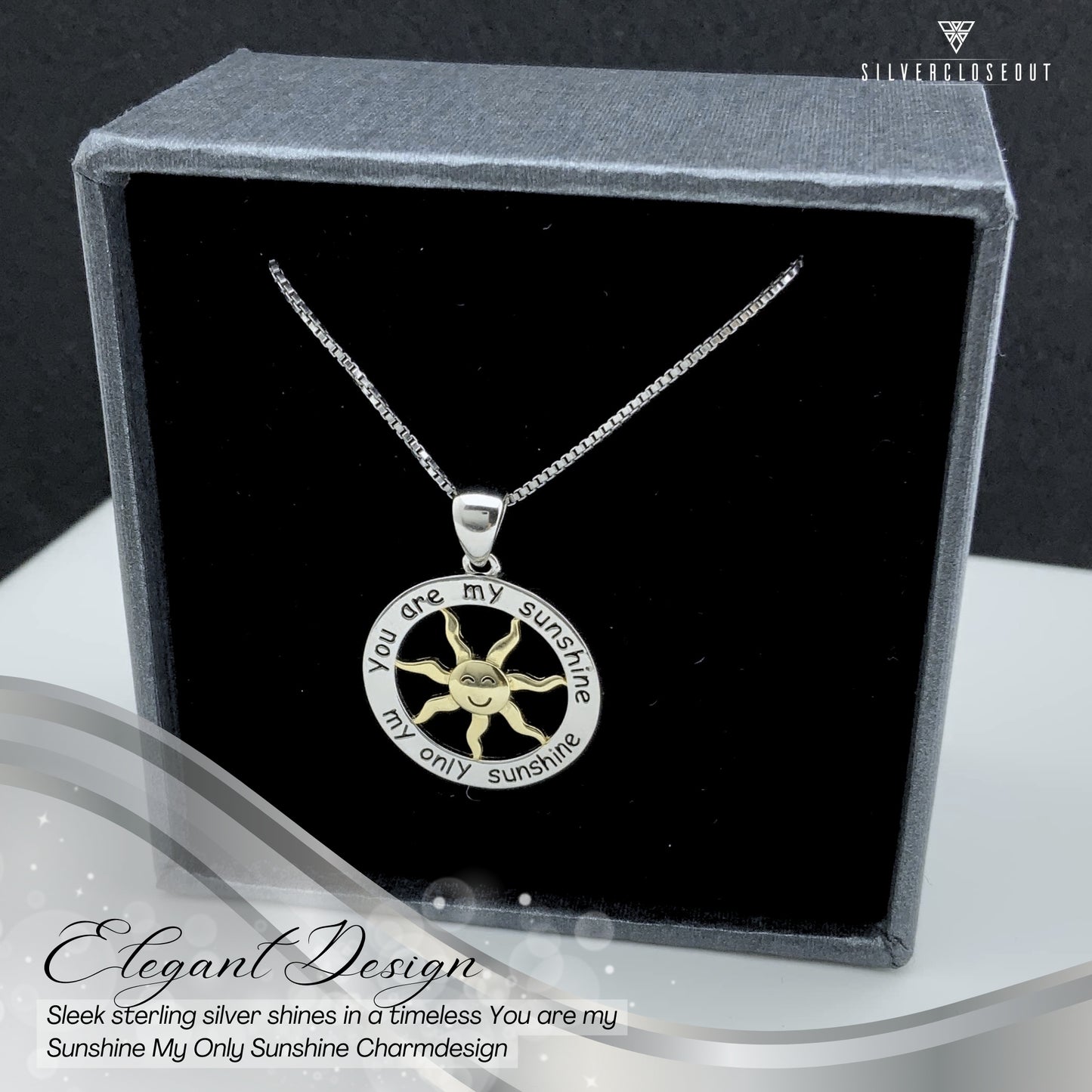 Sterling Silver Two Tone You are my Sunshine my Only Sunshine Necklace 18"