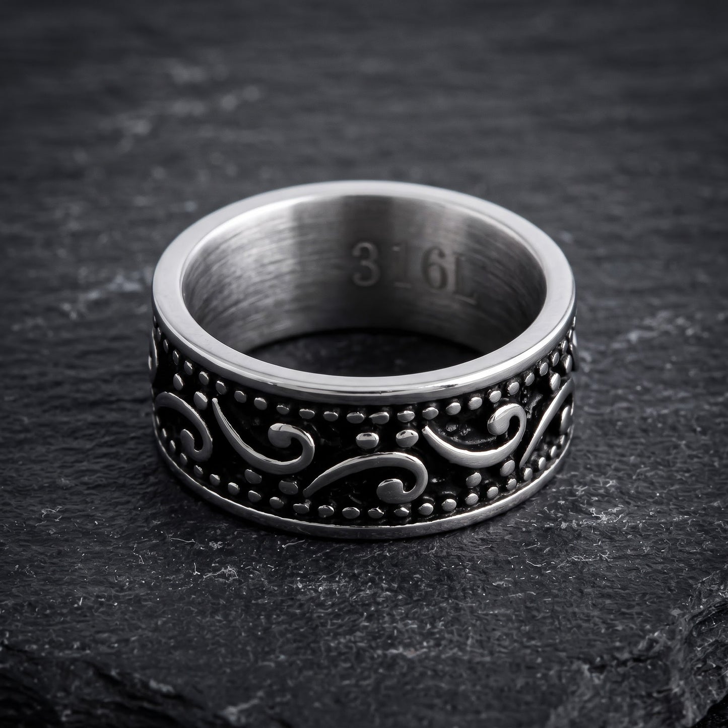 Stainless Steel Men's Waive Pattern Wedding Band Ring, Comfort Fit, Gift for Him view 1