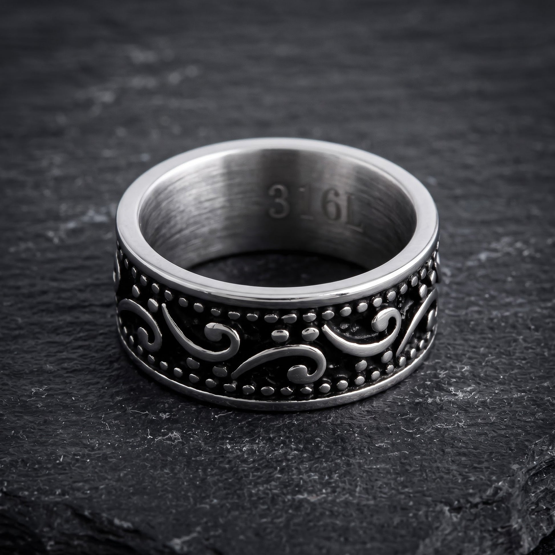 Stainless Steel Men's Waive Pattern Wedding Band Ring, Comfort Fit, Gift for Him view 1