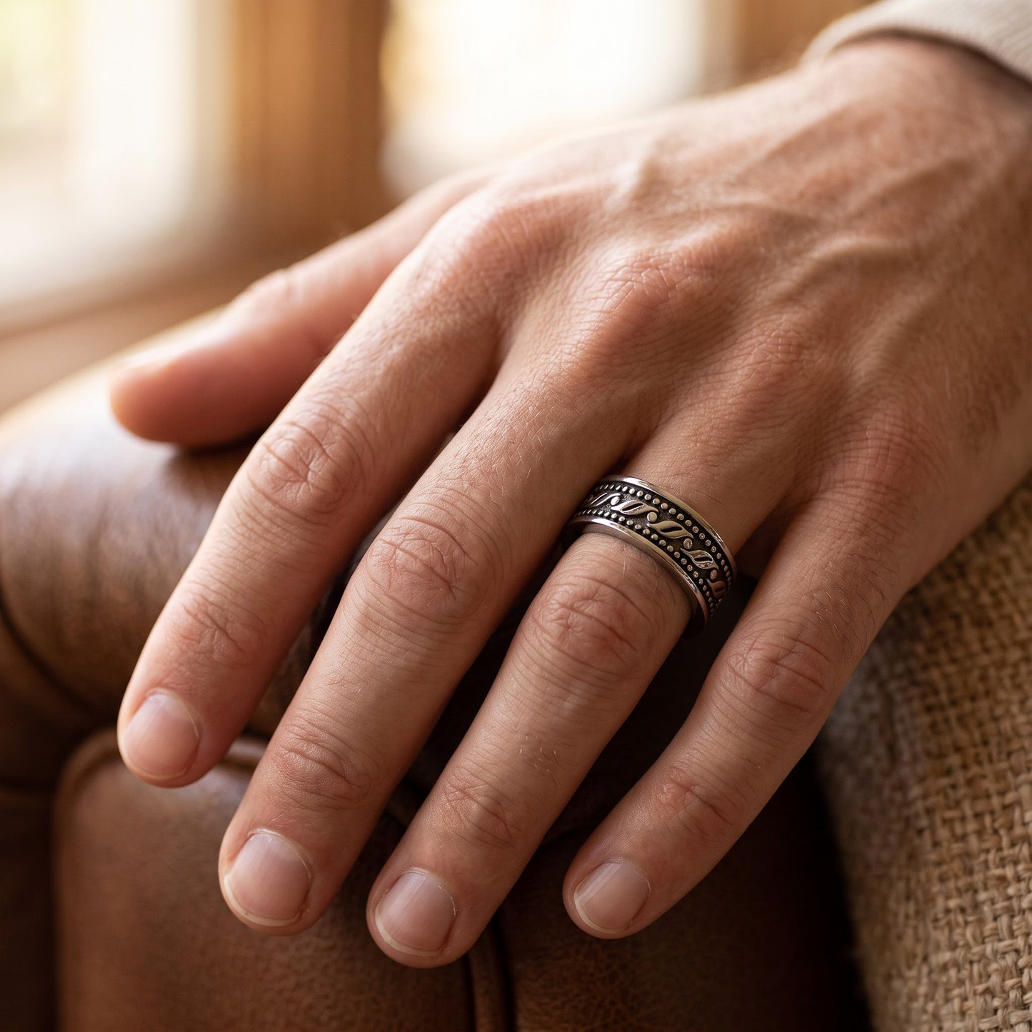 Stainless Steel Men's Waive Pattern Wedding Band Ring, Comfort Fit, Gift for Him view 5