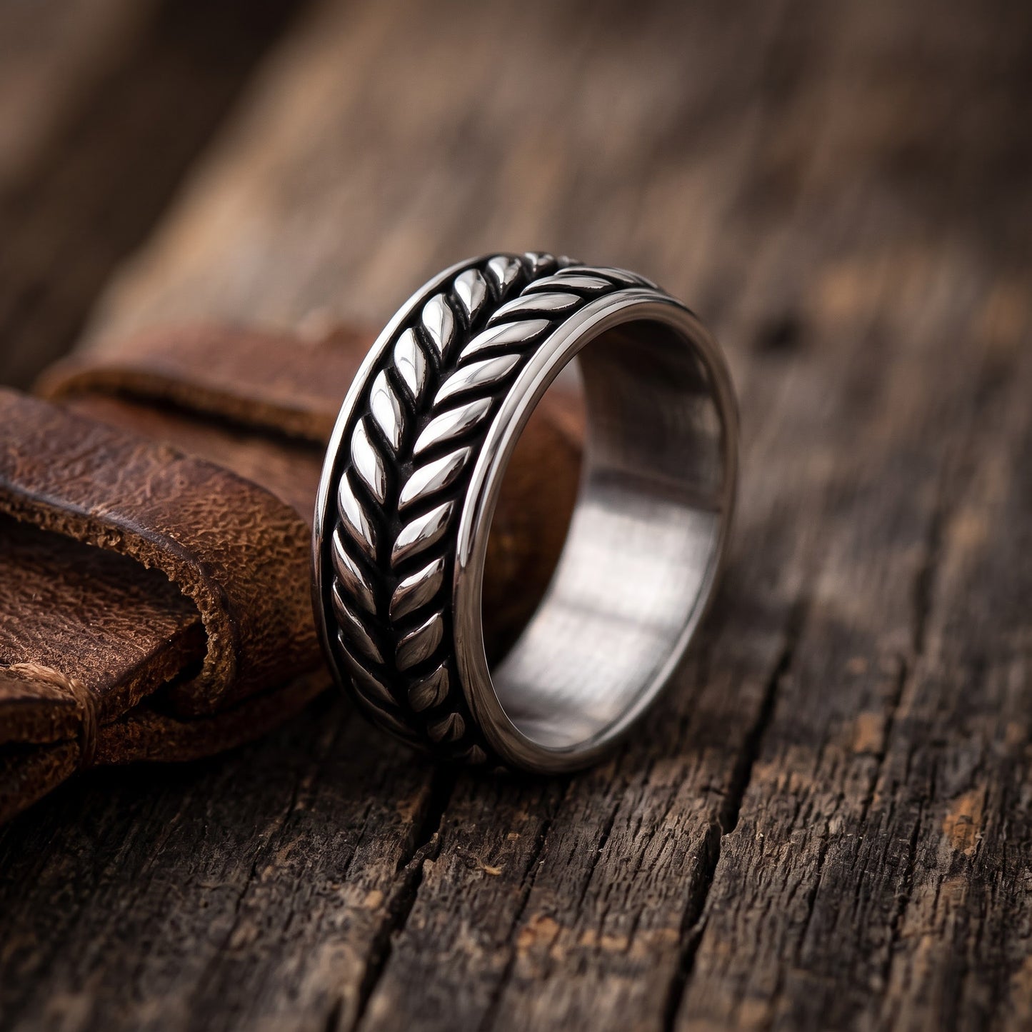 Stainless Steel Men's Laurel Leaf Eternity Pattern Wedding Band Ring, Comfort Fit, Gift for Him view 2