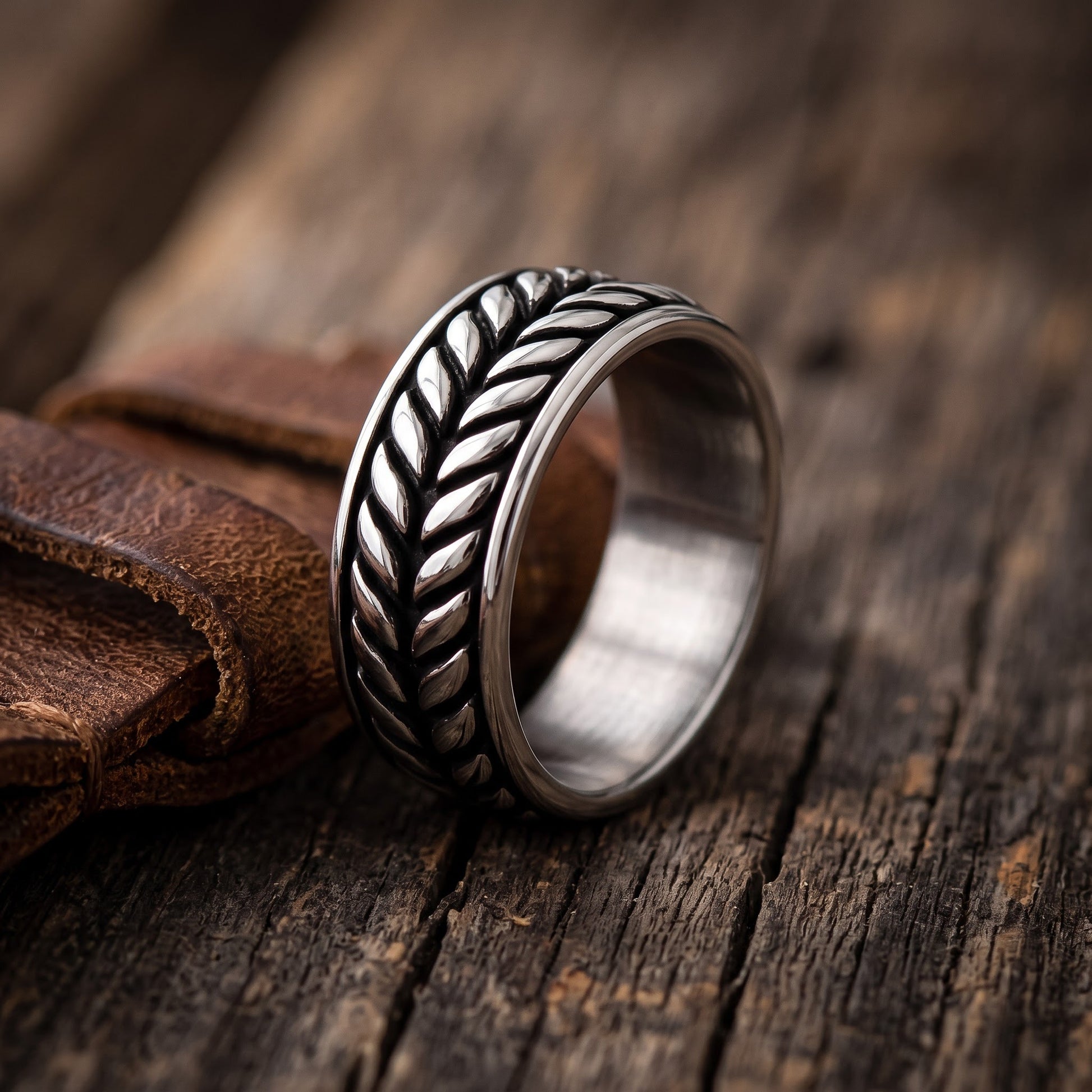 Stainless Steel Men's Laurel Leaf Eternity Pattern Wedding Band Ring, Comfort Fit, Gift for Him view 2