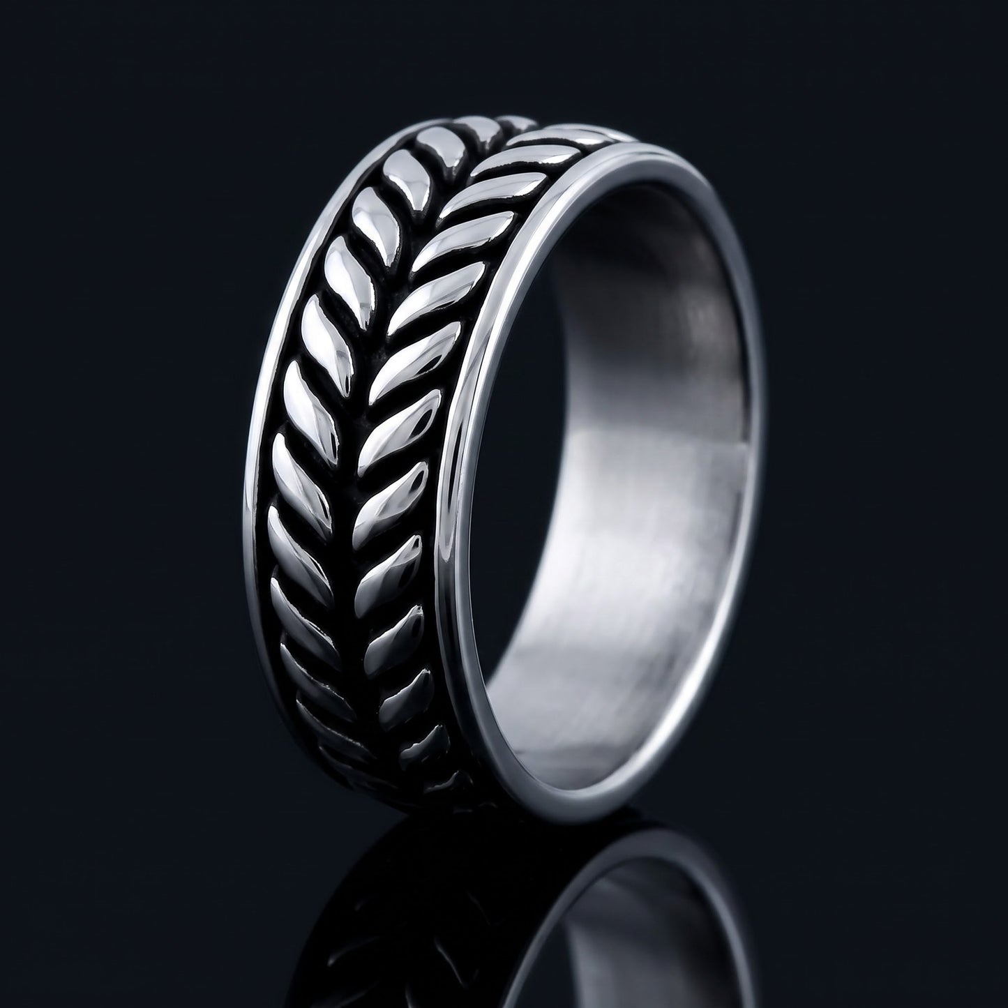 Stainless Steel Men's Laurel Leaf Eternity Pattern Wedding Band Ring, Comfort Fit, Gift for Him view 3