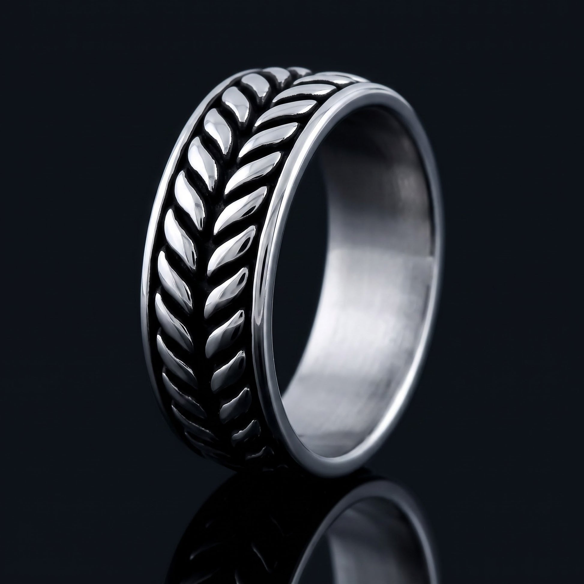 Stainless Steel Men's Laurel Leaf Eternity Pattern Wedding Band Ring, Comfort Fit, Gift for Him view 3