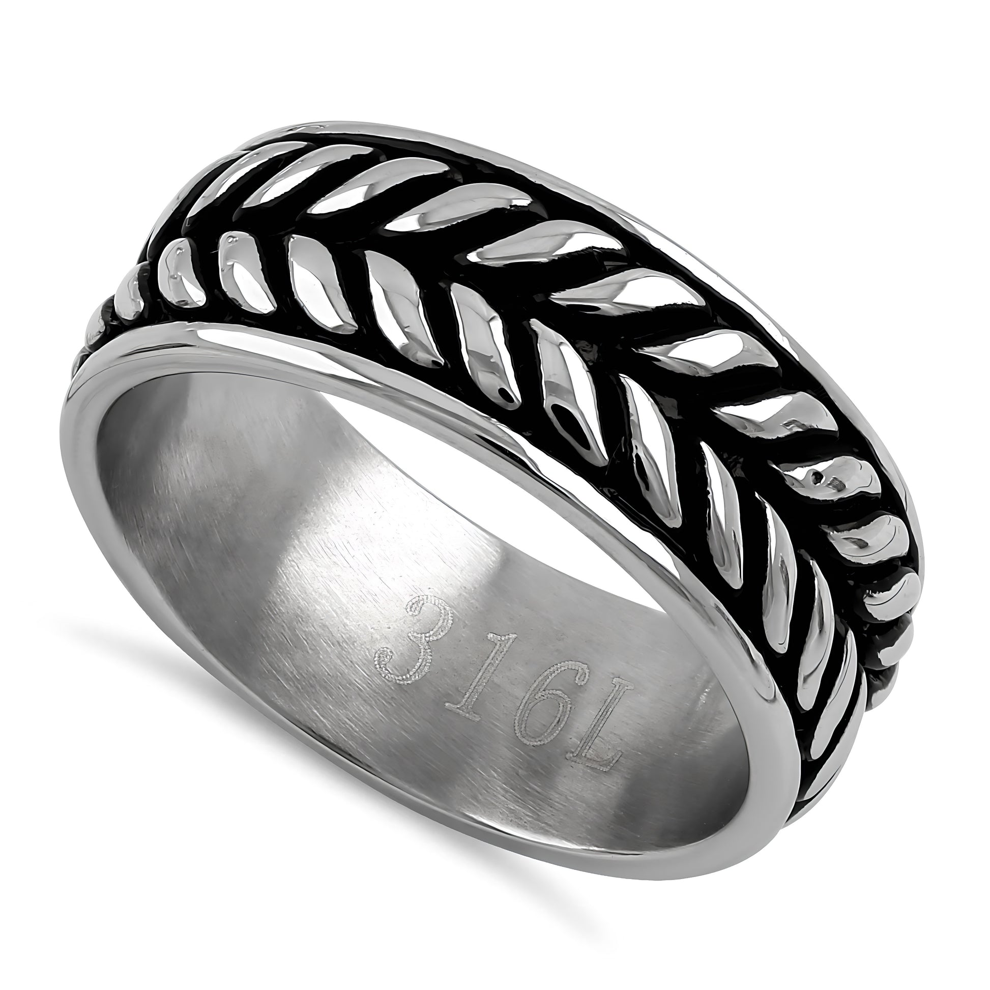 Stainless Steel Men's Laurel Leaf Eternity Pattern Wedding Band Ring, Comfort Fit, Gift for Him