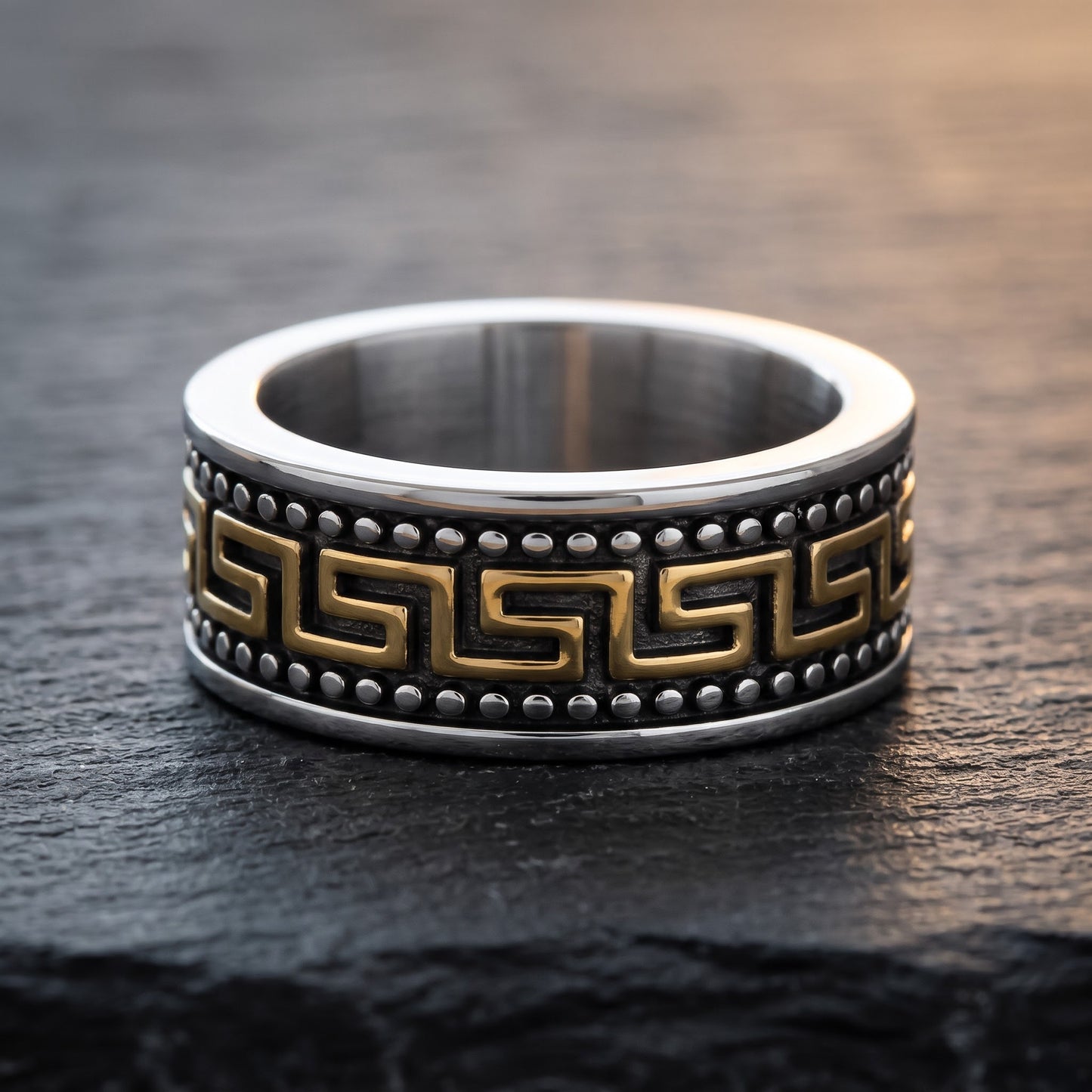 Stainless Steel Men's Gold Plate Greek Pattern Wedding Band Ring, Comfort Fit, Gift for Him view 1