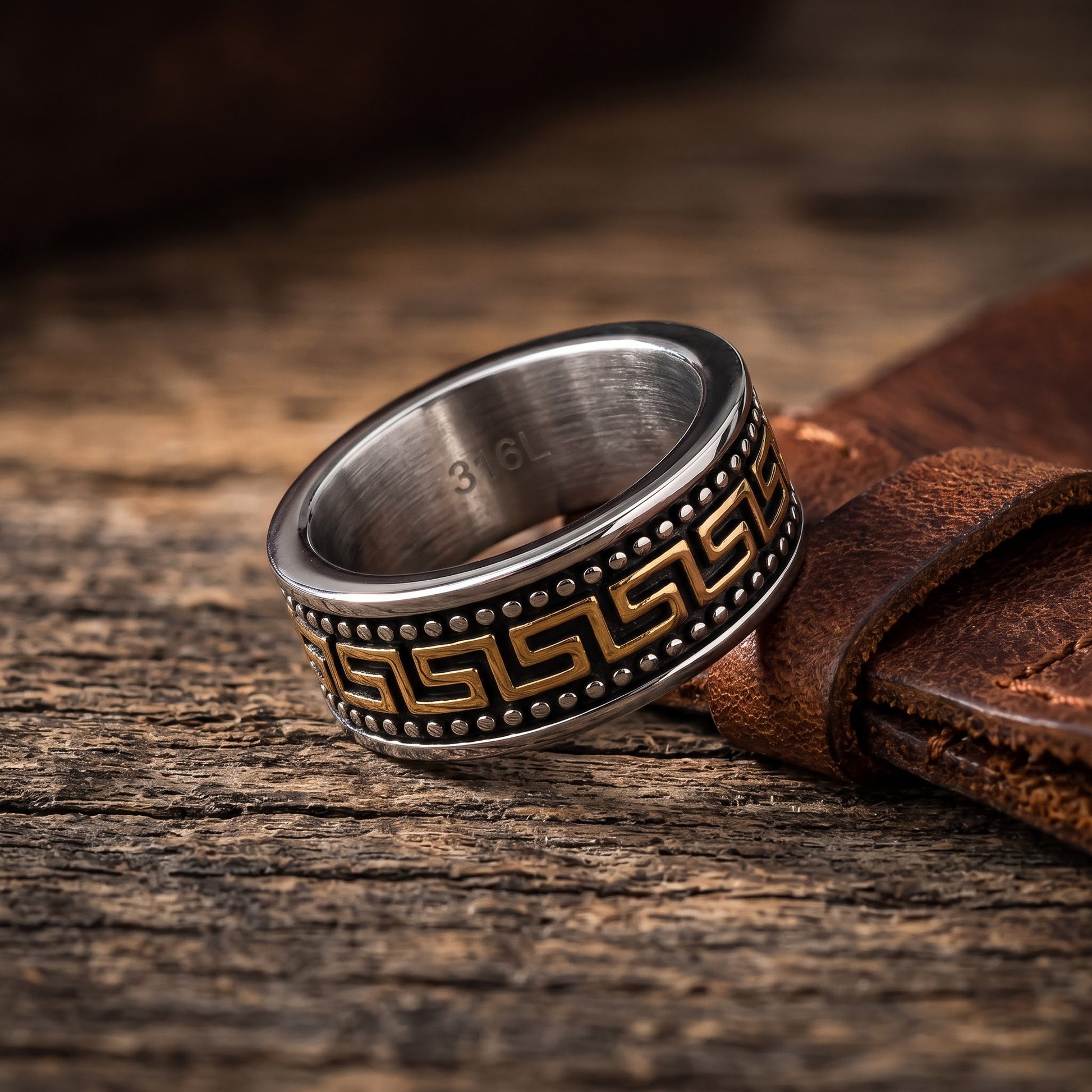 Stainless Steel Men's Gold Plate Greek Pattern Wedding Band Ring, Comfort Fit, Gift for Him view 2