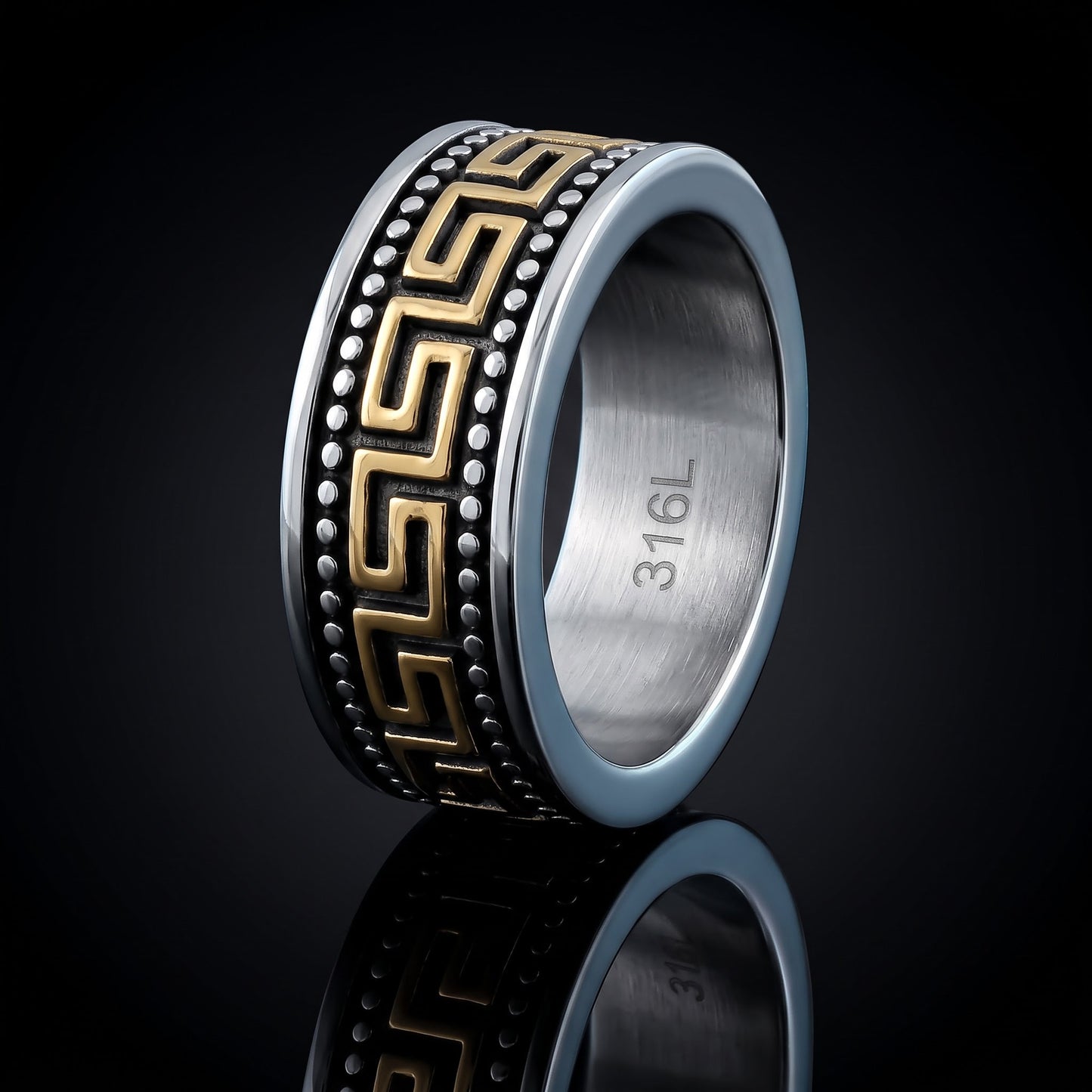 Stainless Steel Men's Gold Plate Greek Pattern Wedding Band Ring, Comfort Fit, Gift for Him view 3