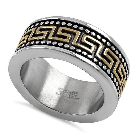 Stainless Steel Men's Gold Plate Greek Pattern Wedding Band Ring, Comfort Fit, Gift for Him