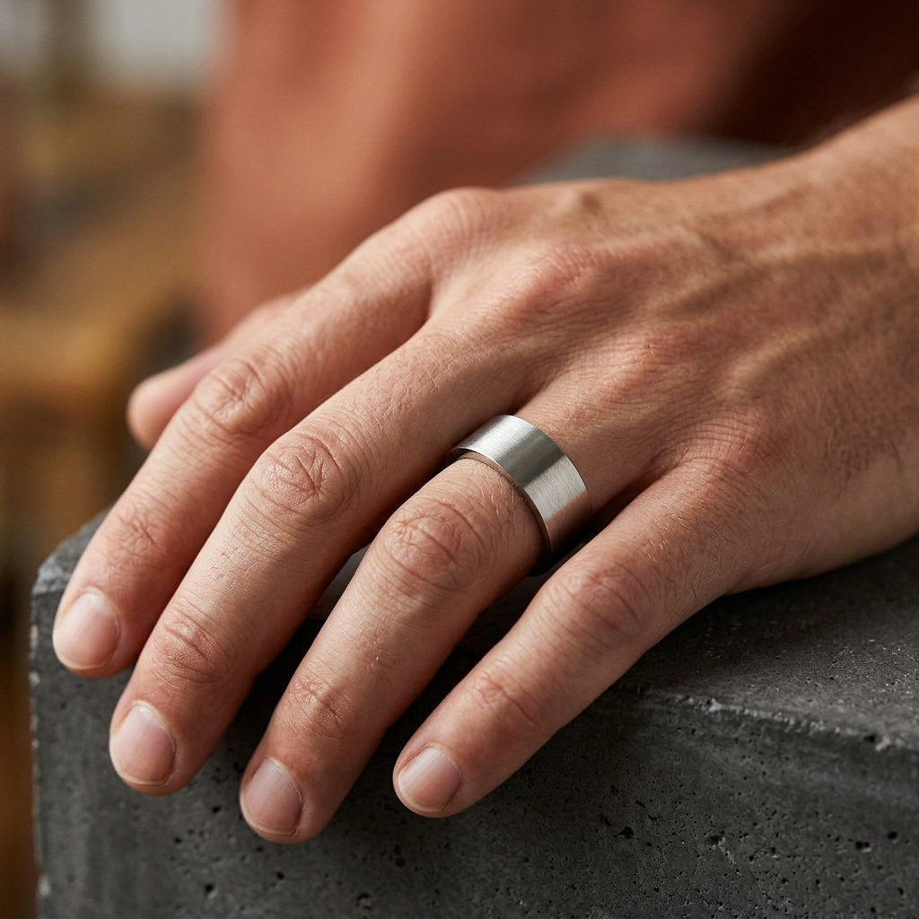Stainless Steel 11mm Wide Brushed Silver Flat Band Ring for Men model