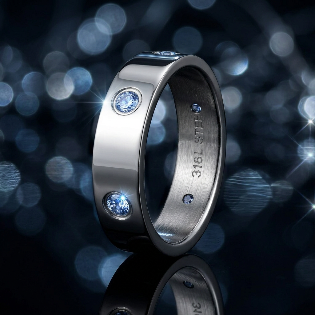 Stainless Steel 5mm Polished Light Blue CZ Band Ring for Men and Women life4