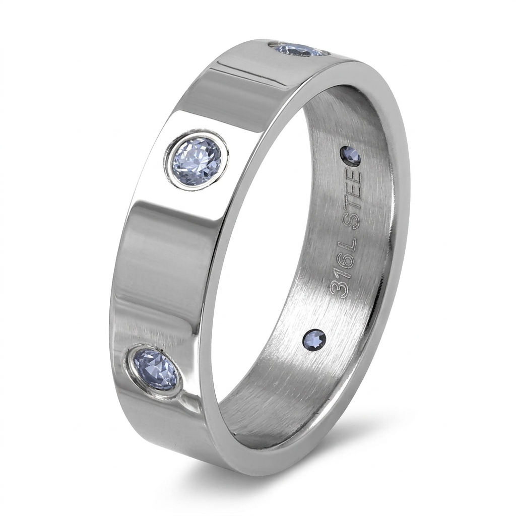 Stainless Steel 5mm Polished Light Blue CZ Band Ring for Men and Women