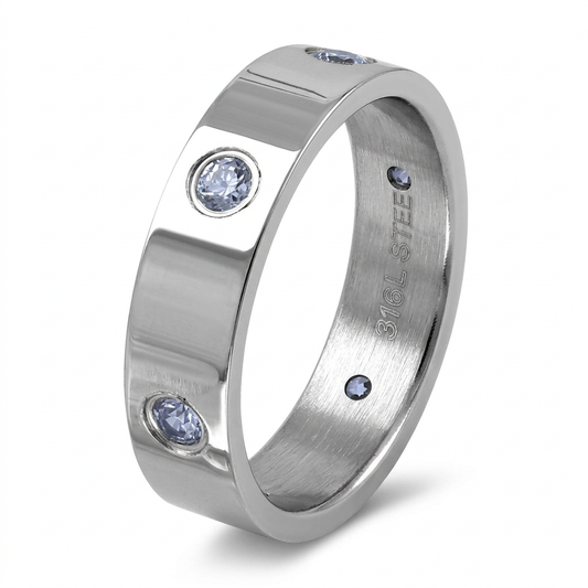 Stainless Steel 5mm Polished Light Blue CZ Band Ring for Men and Women