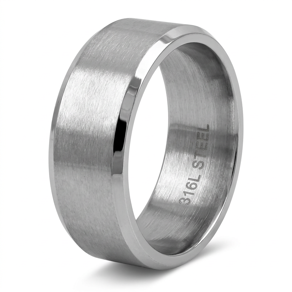 Stainless Steel 8mm Brushed Silver Beveled Edge Wedding Band Ring for Men