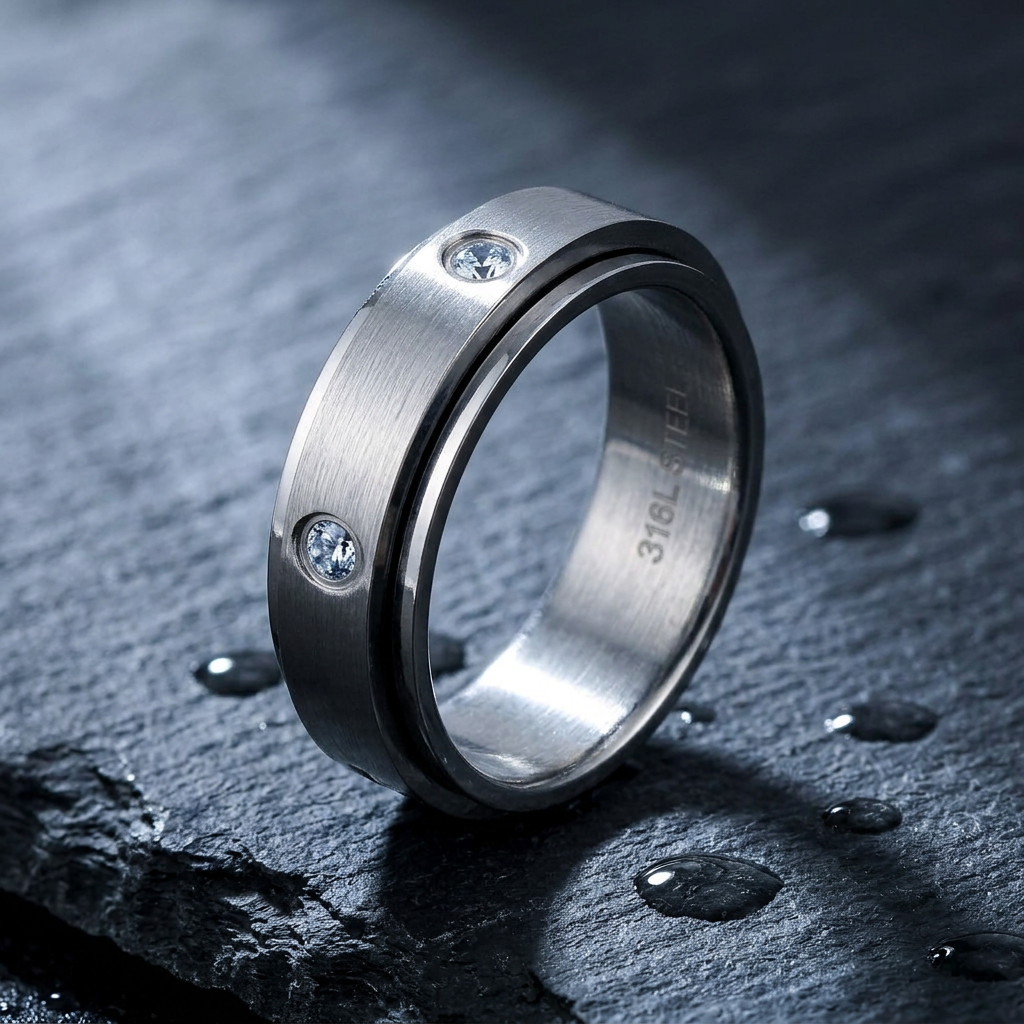 Stainless Steel 6mm Silver Spinner Band Ring with Blue CZ for Men and Women life1