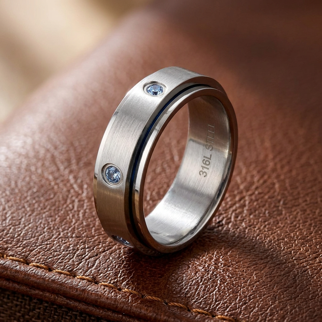 Stainless Steel 6mm Silver Spinner Band Ring with Blue CZ for Men and Women life2
